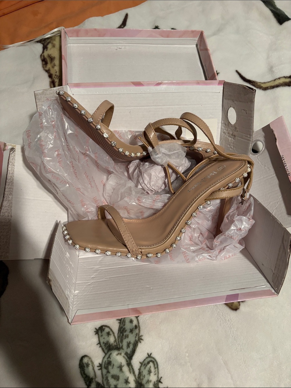 Bella Marie Beige Rhinestone-Trim Strappy Heels